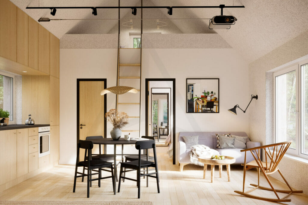 Tipinis projektas Strazdas tipinis projektas strazdas, interjeras, juodos kėdės, kopėčios, skandinaviškas interjeras