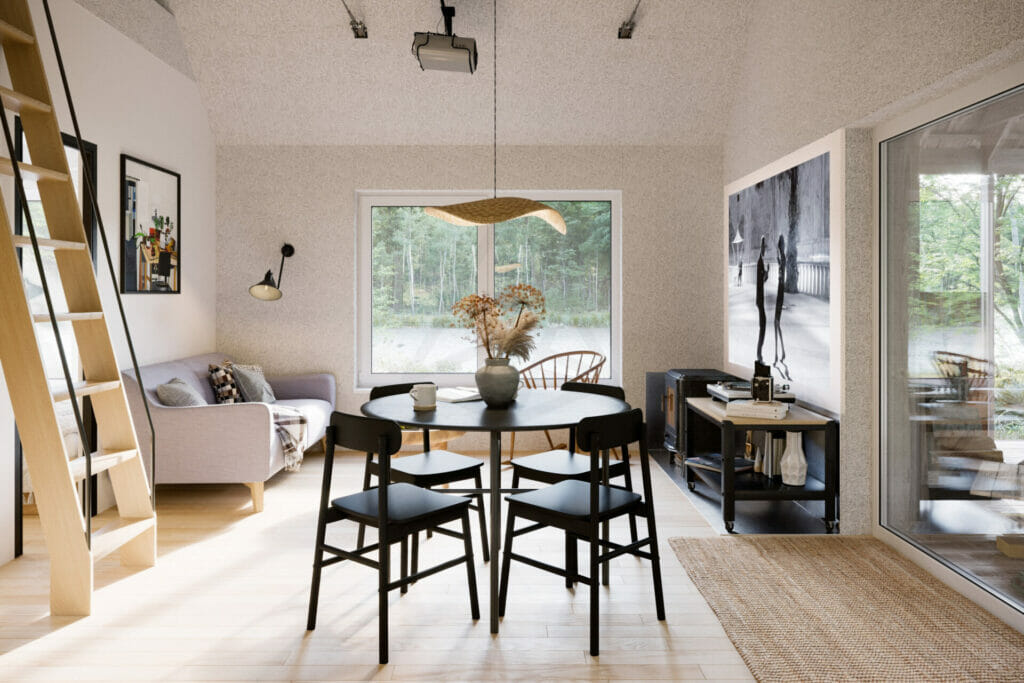 tipinis-projektas-strazdas-silta-siaure-4 tipinis projektas strazdas, interjeras, juodos kėdės, kopėčios, skandinaviškas interjeras