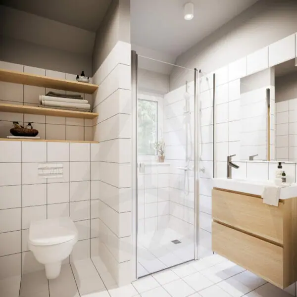 tipinis projektas strazdas, interjeras, vonios kambarys, baltos spalvos plytelės, skandinaviškas interjeras