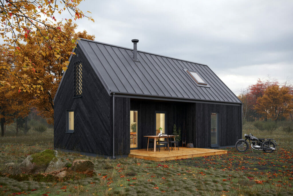 tipinis-projektas-kuosa-silta-siaure-juoda-01 tipinis pastato projektas. nedidelis, skandinaviško stiliaus juodos spalvos karkasinis namas