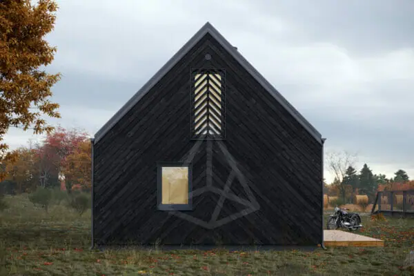 tipinis pastato projektas. nedidelis, skandinaviško stiliaus juodos spalvos karkasinis namas