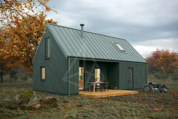 tipinis pastato projektas. nedidelis, skandinaviško stiliaus žalios spalvos karkasinis namas