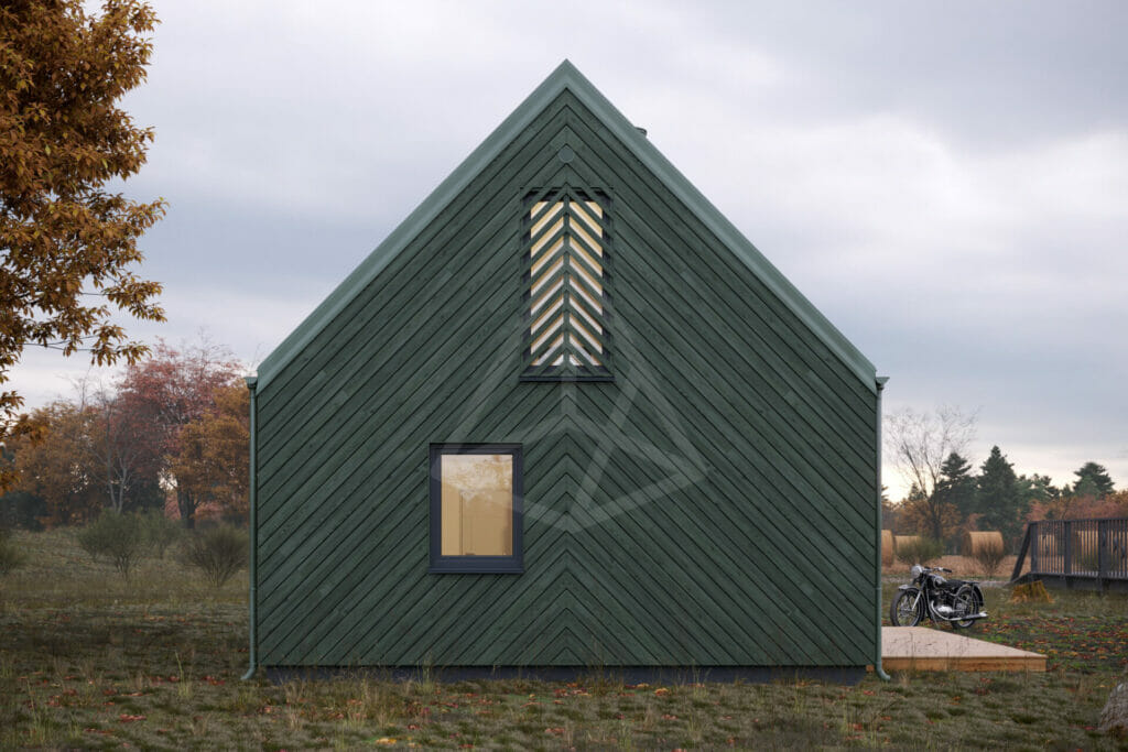 tipinis-projektas-kuosa-silta-siaure-zalia-03 tipinis pastato projektas. nedidelis, skandinaviško stiliaus žalios spalvos karkasinis namas